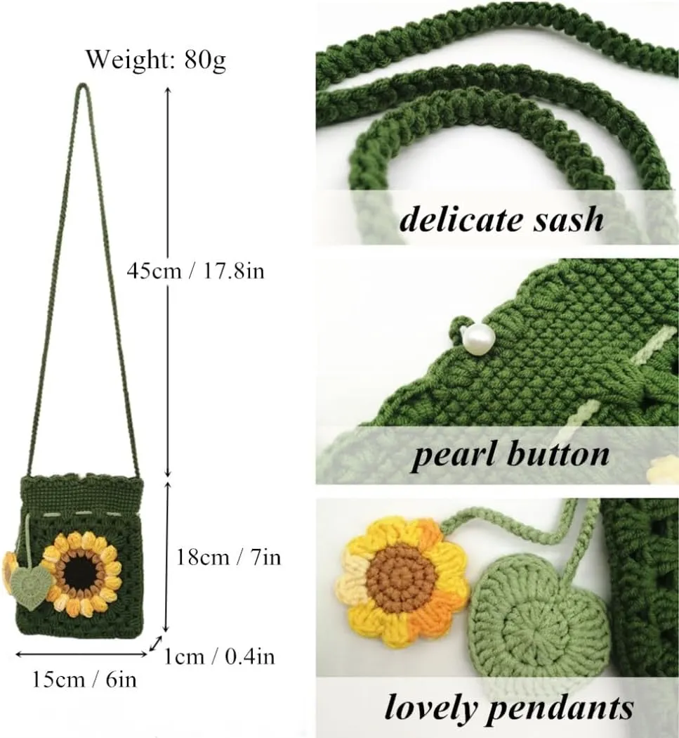 Handmade Crochet Sunflower Blossom Phone Bag Knitted Bag for Women