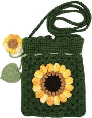 Handmade Crochet Sunflower Blossom Phone Bag Knitted Bag for Women