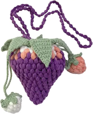 Handmade Knitted Purse Wool Woven Purse Strawberry Shaped Shoulder Bag for Women Crossbody Bag with Drawstring
