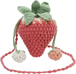 Handmade Knitted Purse Wool Woven Purse Strawberry Shaped Shoulder Bag for Women Crossbody Bag with Drawstring