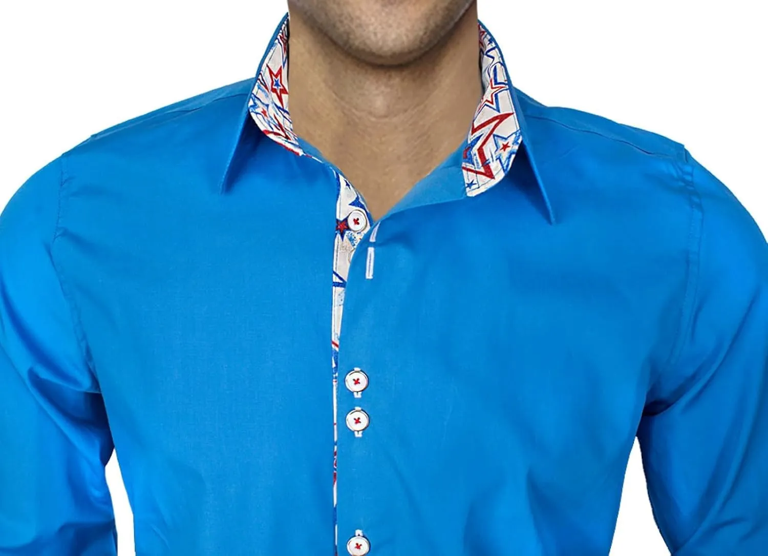 Handmade Memorial Day Casual Shirts - Blue Italian Supremo Cotton Dress with Super Star Contrast Fabric