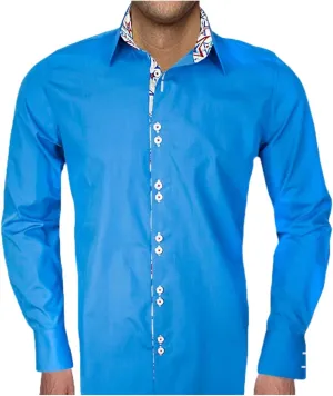 Handmade Memorial Day Casual Shirts - Blue Italian Supremo Cotton Dress with Super Star Contrast Fabric