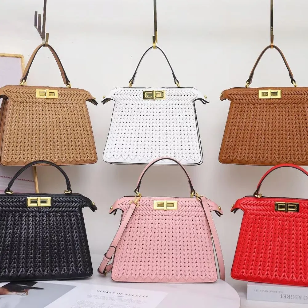 Handmade Woven Vegan Leather Square Handbag, Top Handle Stylish Crossbody Clutch Tote, Large Travel Beach Shoulder Hobo Bag