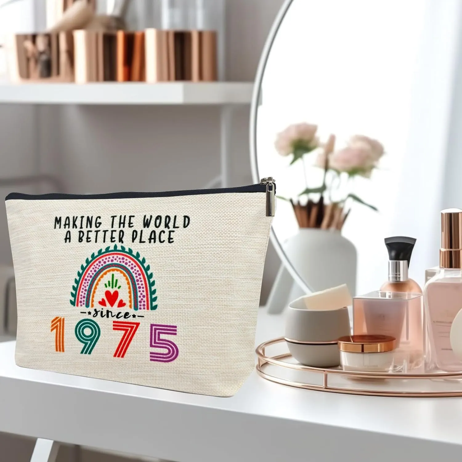 Happy 50th Birthday Gifts for Her Women Makeup Bag, Best 1975 Anniversary 50th Birthday Decorations, 50 Year old and Fabulous Gifts Ideas for Wife, Mom, Mothers Day, Christmas Cosmetic Travel Pouch