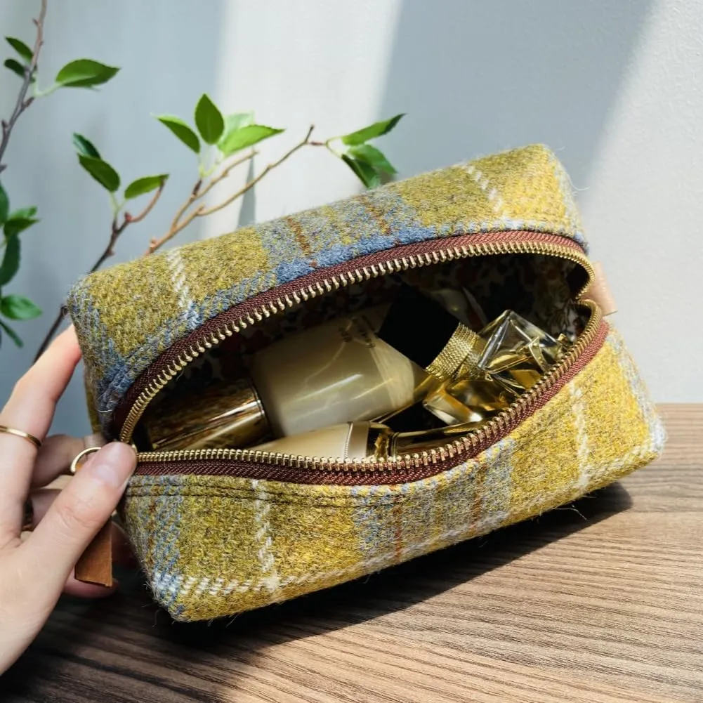 Harris Tweed Wool Cosmetic Bag, Large Capacity Scottish Tartan Handmade Makeup Organizer, Stain-Resistant Travel Toiletry Pouch for Women (Yellow)