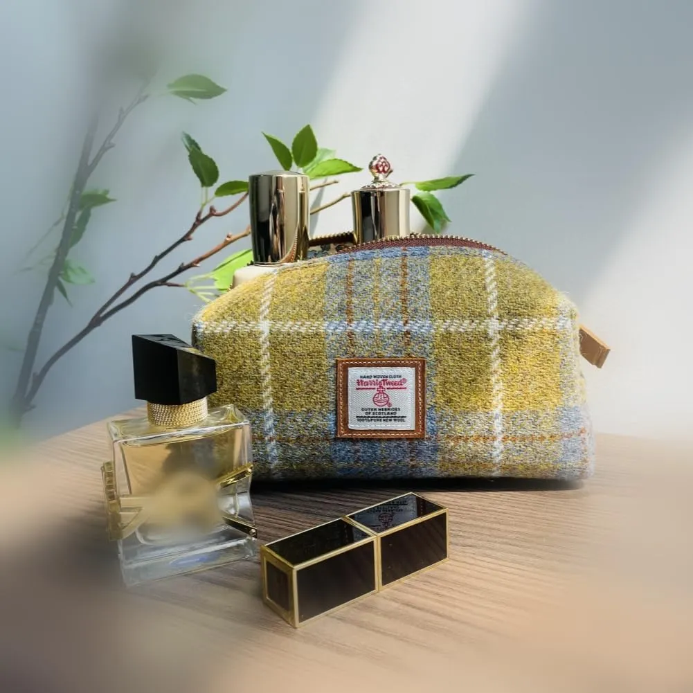 Harris Tweed Wool Cosmetic Bag, Large Capacity Scottish Tartan Handmade Makeup Organizer, Stain-Resistant Travel Toiletry Pouch for Women (Yellow)