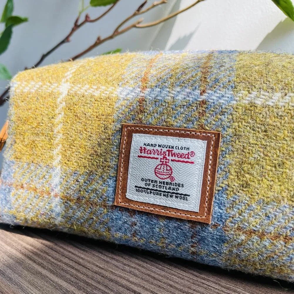 Harris Tweed Wool Cosmetic Bag, Large Capacity Scottish Tartan Handmade Makeup Organizer, Stain-Resistant Travel Toiletry Pouch for Women (Yellow)