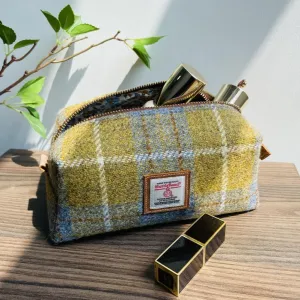 Harris Tweed Wool Cosmetic Bag, Large Capacity Scottish Tartan Handmade Makeup Organizer, Stain-Resistant Travel Toiletry Pouch for Women (Yellow)