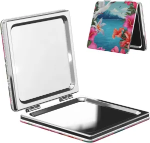 Hawaii Hibiscus Flower Printed Square Pocket Makeup Mirror with 1X/2X Magnification, Portable Mini Travel Makeup Mirror for Travel Daily Work Beauty