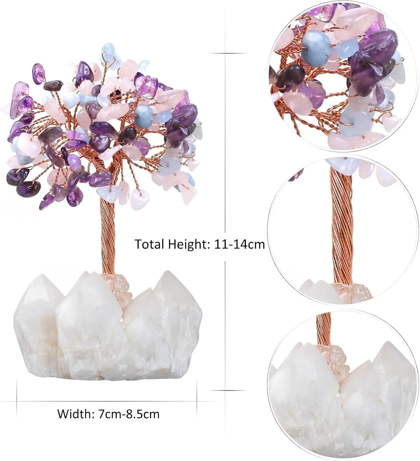 Healing Amethyst & Rose Quartz & Aquamarine Crystal Tree on Raw Rock Crystal Cluster Base for Home Office Decor, Handmade Feng Shui Stone Money Tree Bonsai for Wealth and Good Luck