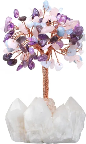 Healing Amethyst & Rose Quartz & Aquamarine Crystal Tree on Raw Rock Crystal Cluster Base for Home Office Decor, Handmade Feng Shui Stone Money Tree Bonsai for Wealth and Good Luck
