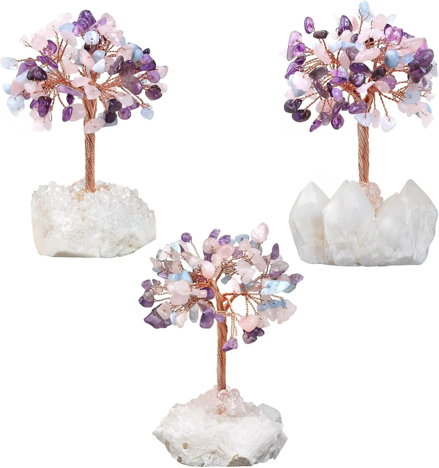 Healing Amethyst & Rose Quartz & Aquamarine Crystal Tree on Raw Rock Crystal Cluster Base for Home Office Decor, Handmade Feng Shui Stone Money Tree Bonsai for Wealth and Good Luck