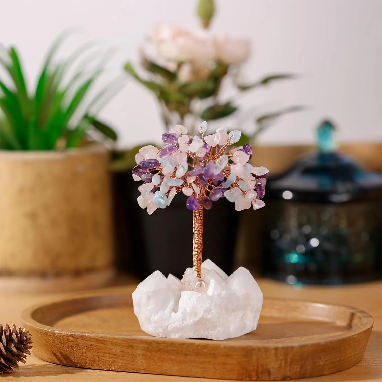 Healing Amethyst & Rose Quartz & Aquamarine Crystal Tree on Raw Rock Crystal Cluster Base for Home Office Decor, Handmade Feng Shui Stone Money Tree Bonsai for Wealth and Good Luck