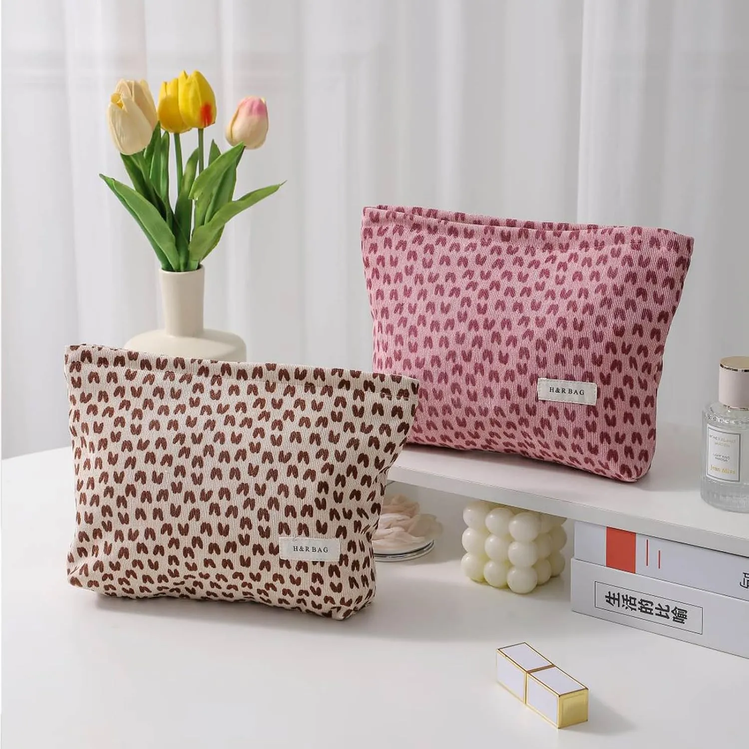 HEY M&Q Corduroy Pink Heart Make up Bag for Women Small Makeup Pouch Travel Toiletry Bag Portable Cosmetic Bag Versatile Zipper Pouch