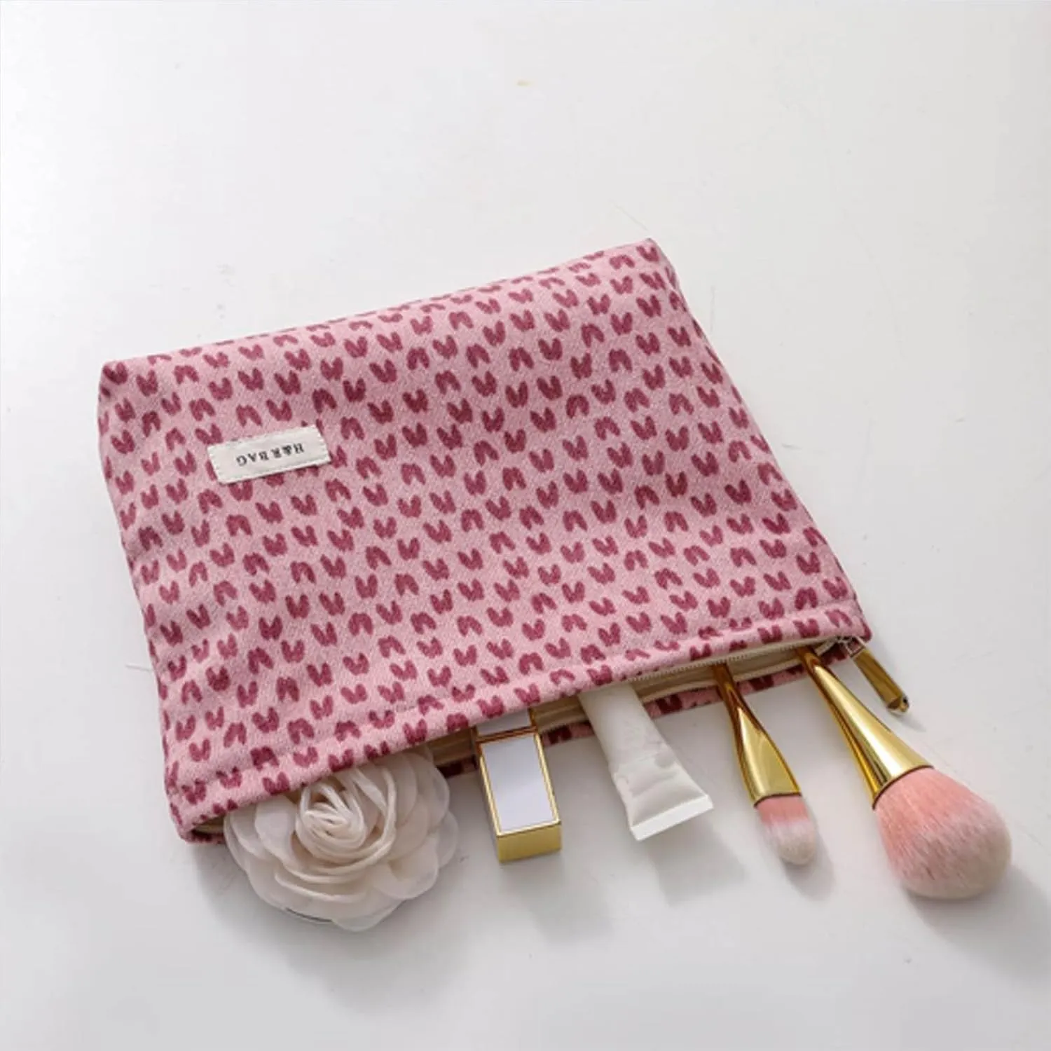 HEY M&Q Corduroy Pink Heart Make up Bag for Women Small Makeup Pouch Travel Toiletry Bag Portable Cosmetic Bag Versatile Zipper Pouch