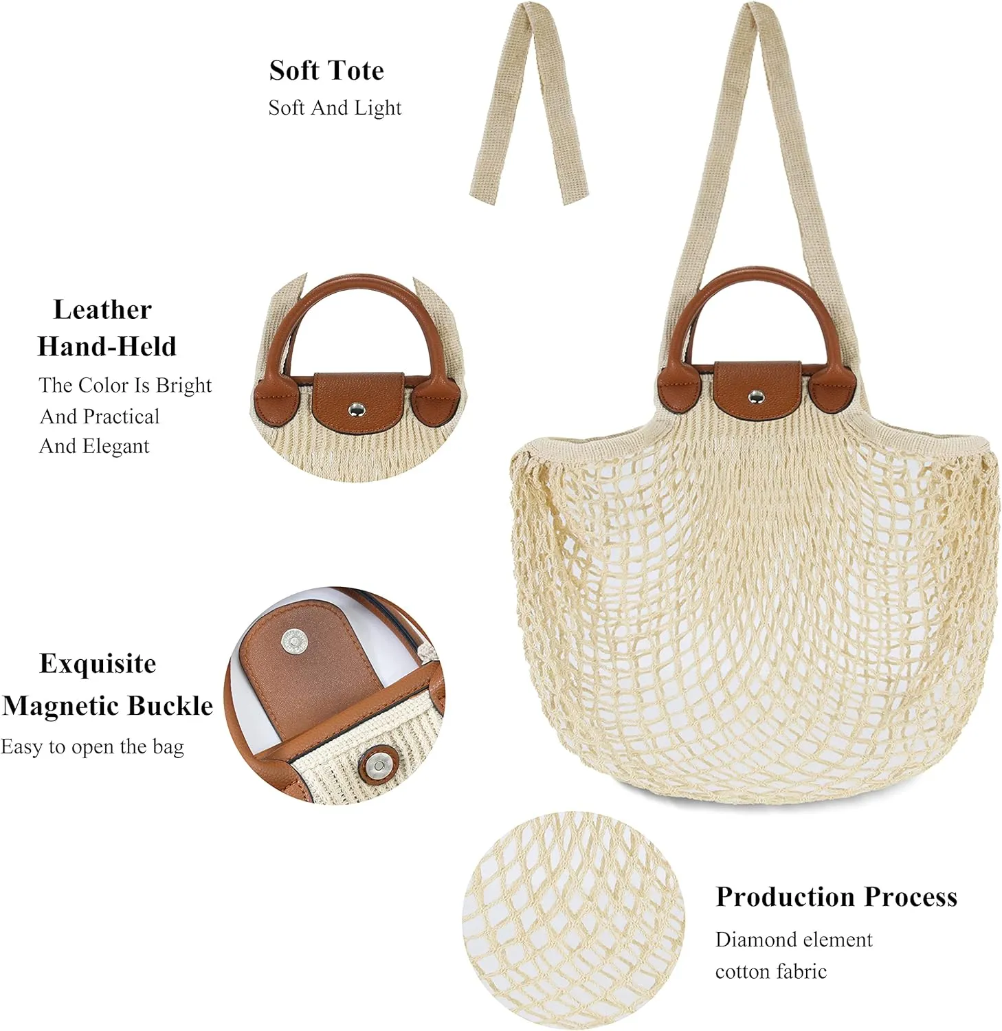 Hibala Woven Bag for Women, Fishing net bag,Straw Mesh Tote Bag, Beach,Hobo Bag, Foldable Large Capacity