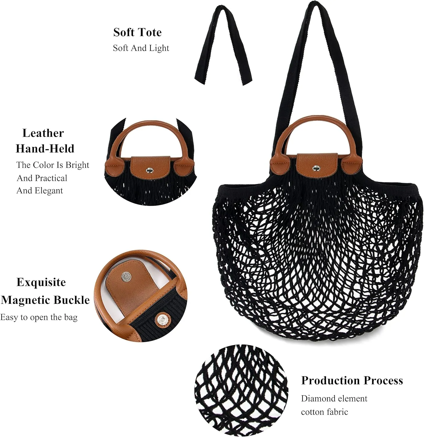 Hibala Woven Bag for Women, Fishing net bag,Straw Mesh Tote Bag, Beach,Hobo Bag, Foldable Large Capacity