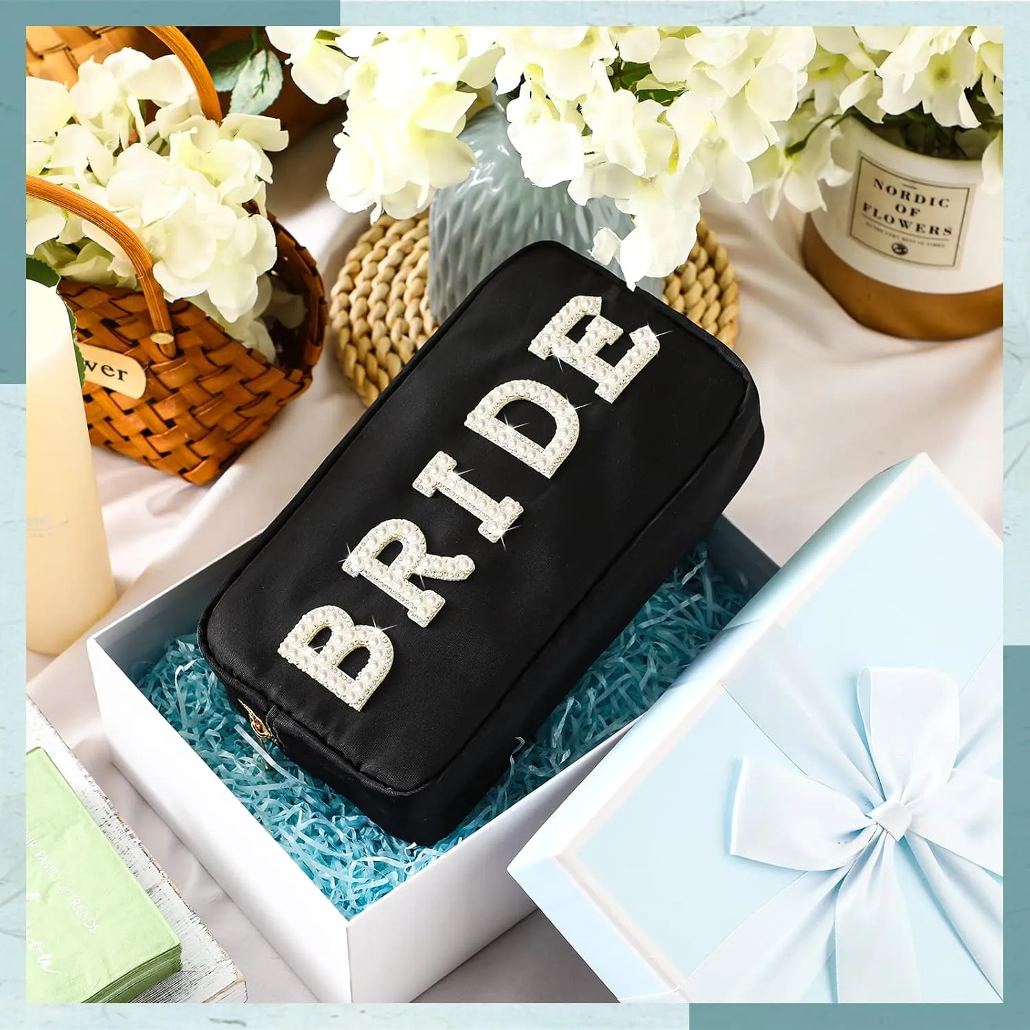 Hillban Nylon Bride Makeup Bag - Large Cosmetic Travel Toiletry Pouch With Pearl Rhinestone Letter Patch - Engagement Gift for Bachelorette Party, Wedding, Bridal Shower (Black)