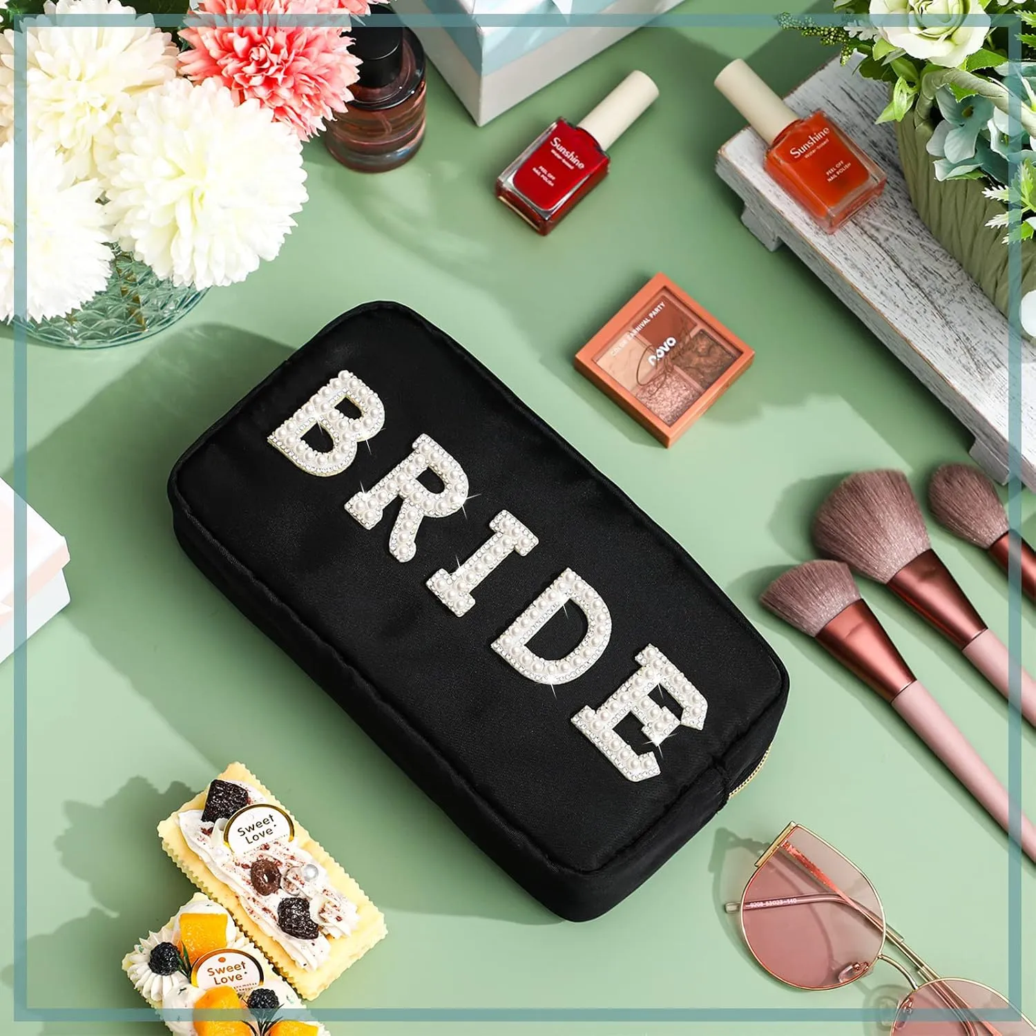 Hillban Nylon Bride Makeup Bag - Large Cosmetic Travel Toiletry Pouch With Pearl Rhinestone Letter Patch - Engagement Gift for Bachelorette Party, Wedding, Bridal Shower (Black)