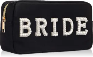 Hillban Nylon Bride Makeup Bag - Large Cosmetic Travel Toiletry Pouch With Pearl Rhinestone Letter Patch - Engagement Gift for Bachelorette Party, Wedding, Bridal Shower (Black)
