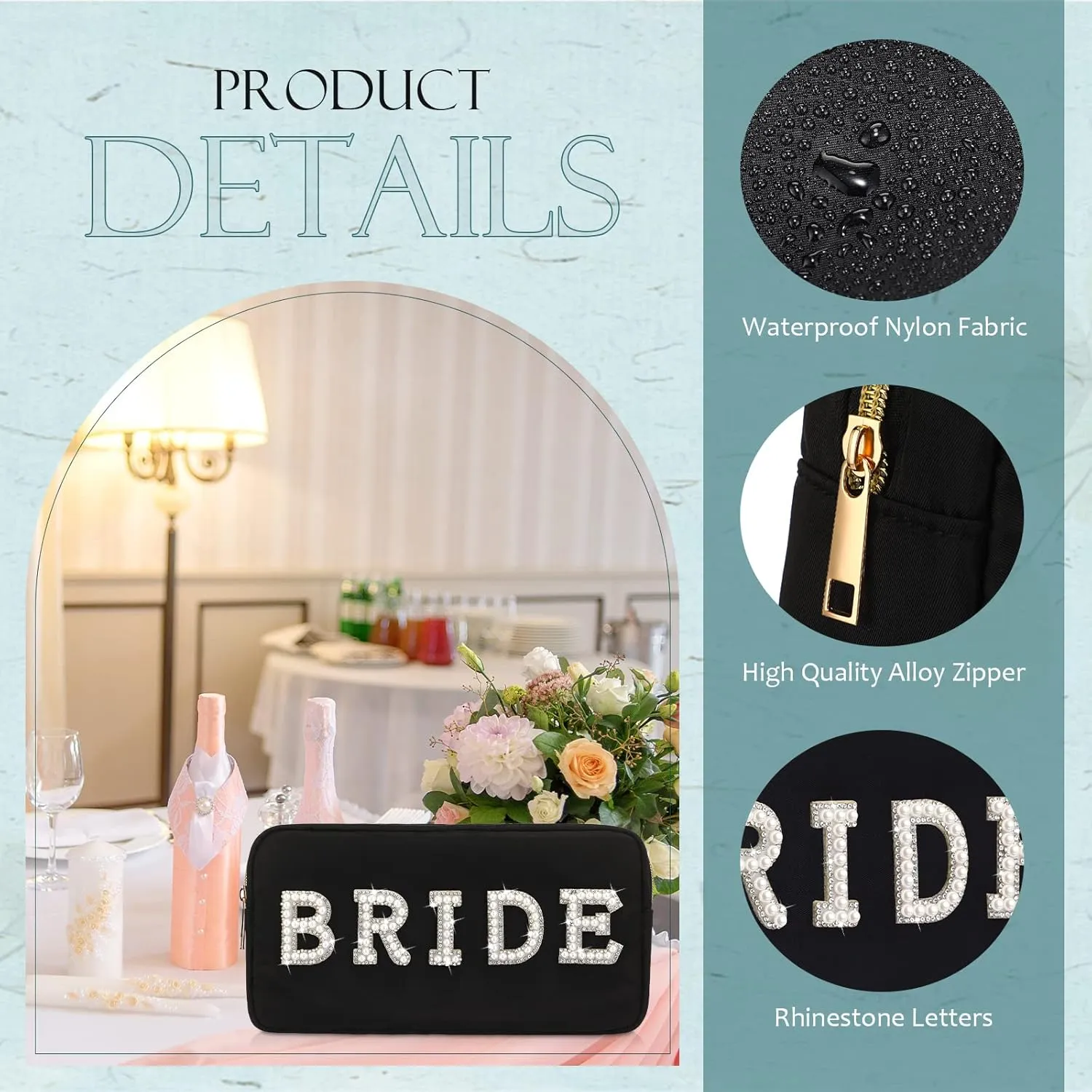 Hillban Nylon Bride Makeup Bag - Large Cosmetic Travel Toiletry Pouch With Pearl Rhinestone Letter Patch - Engagement Gift for Bachelorette Party, Wedding, Bridal Shower (Black)