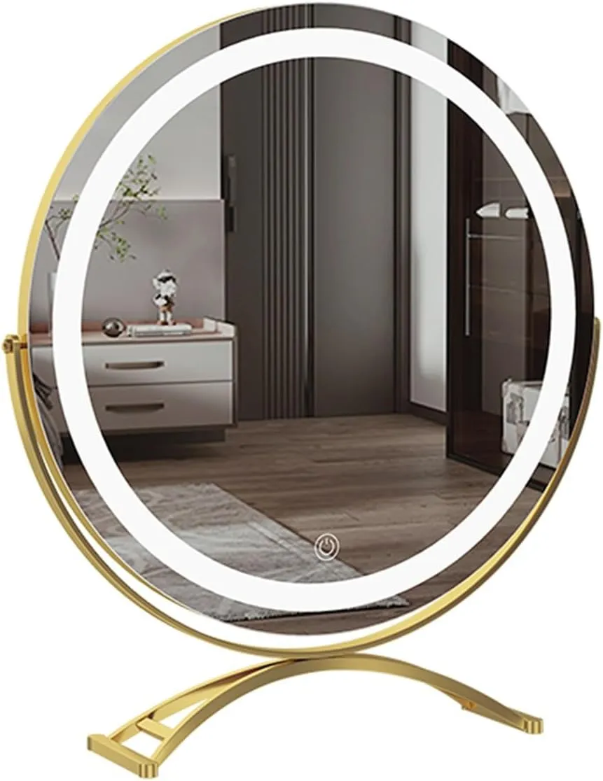 HMLTD 360 Degree Rotation Vanity Mirror with LED Light, A-rechargeableVanity Mirror, B-Non-Rechargeable Makeup Mirror, 3 Color Lighting, Smart Touch Control(B - Gold,35 * 40cm/13.8 * 15.7in)