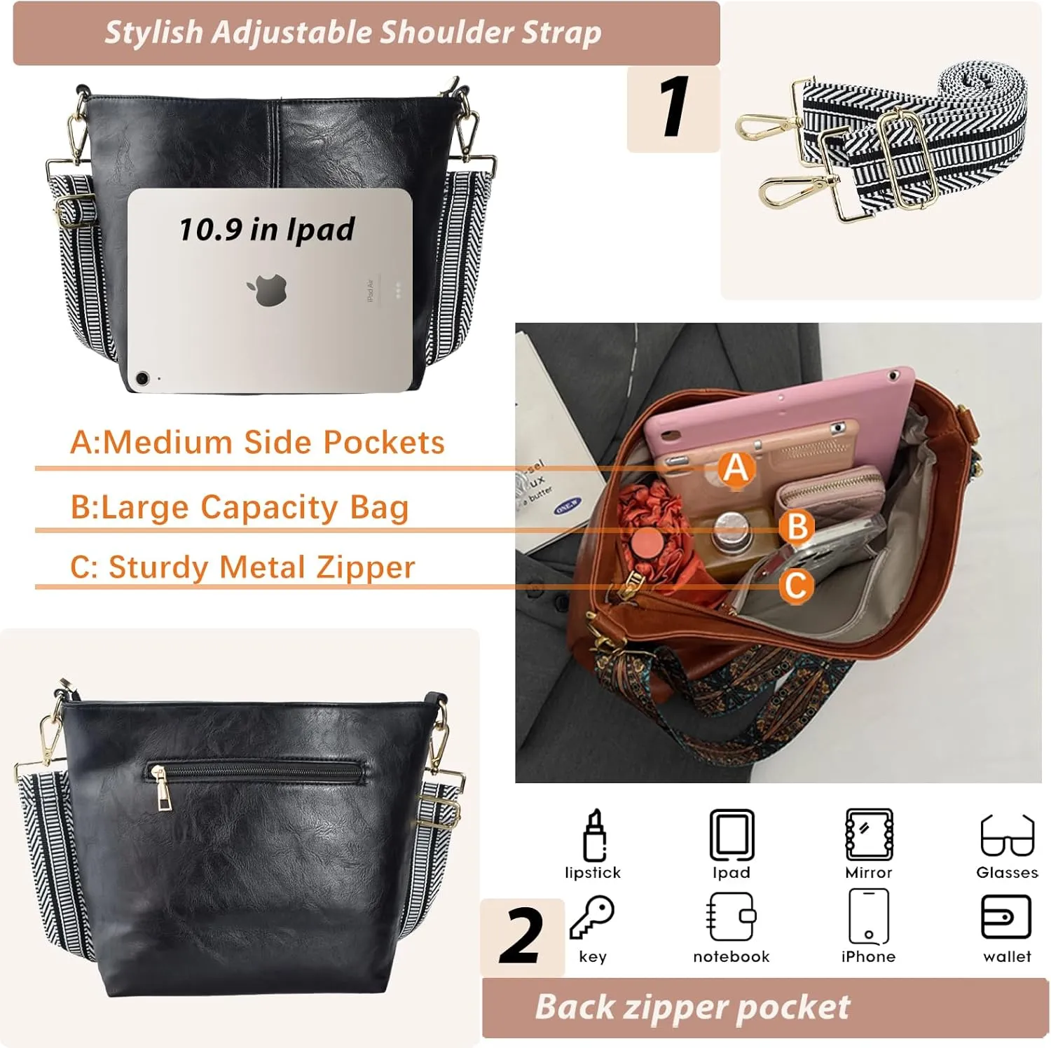 Hobo Bags Vegan Leather Crossbody Bag Guitar Strap Shoulder Purses with Zipper Handbags for Women
