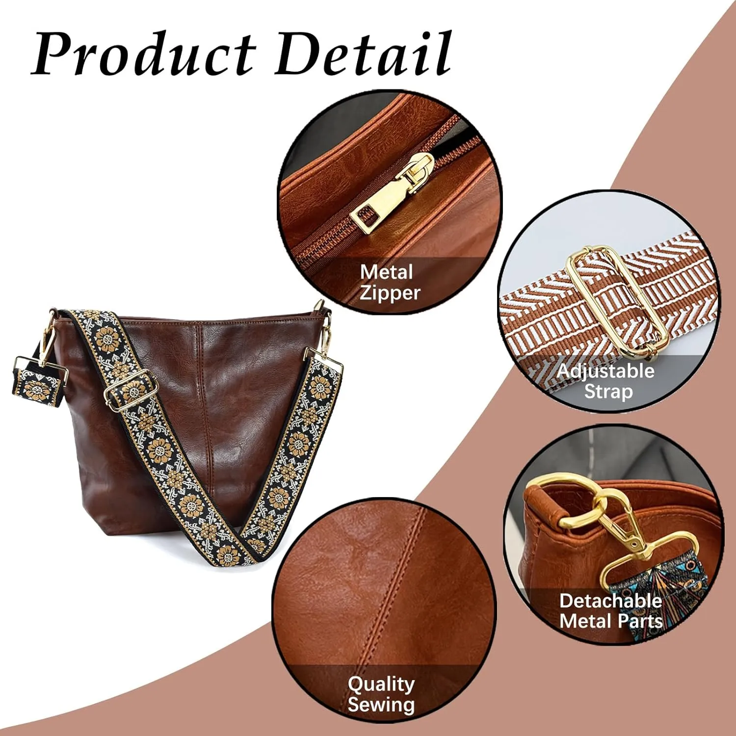 Hobo Bags Vegan Leather Crossbody Bag Guitar Strap Shoulder Purses with Zipper Handbags for Women