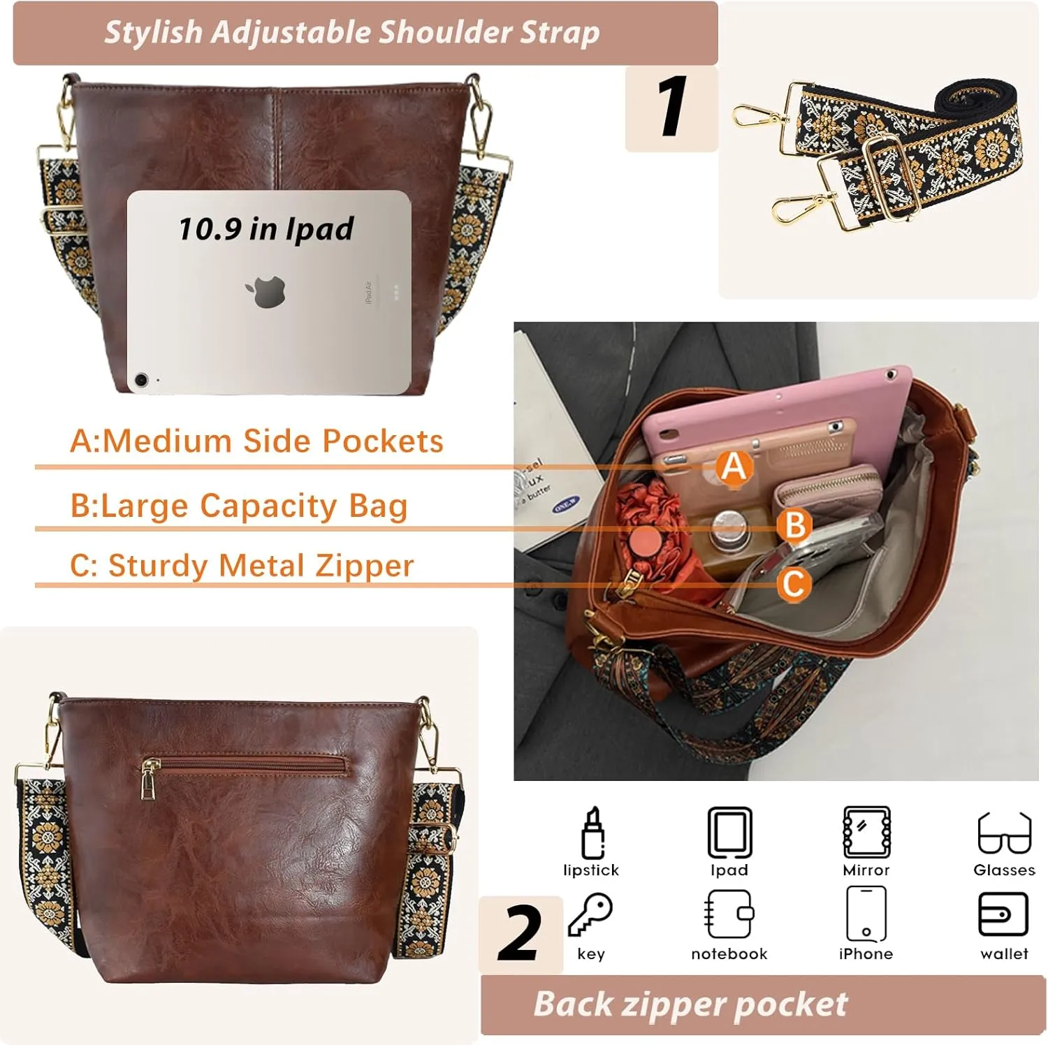 Hobo Bags Vegan Leather Crossbody Bag Guitar Strap Shoulder Purses with Zipper Handbags for Women