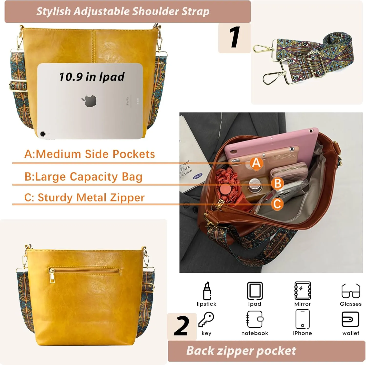 Hobo Bags Vegan Leather Crossbody Bag Guitar Strap Shoulder Purses with Zipper Handbags for Women