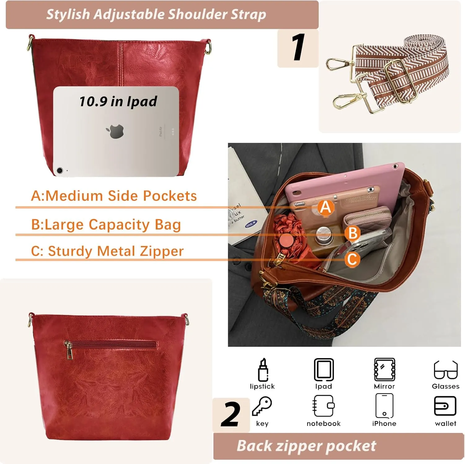 Hobo Bags Vegan Leather Crossbody Bag Guitar Strap Shoulder Purses with Zipper Handbags for Women