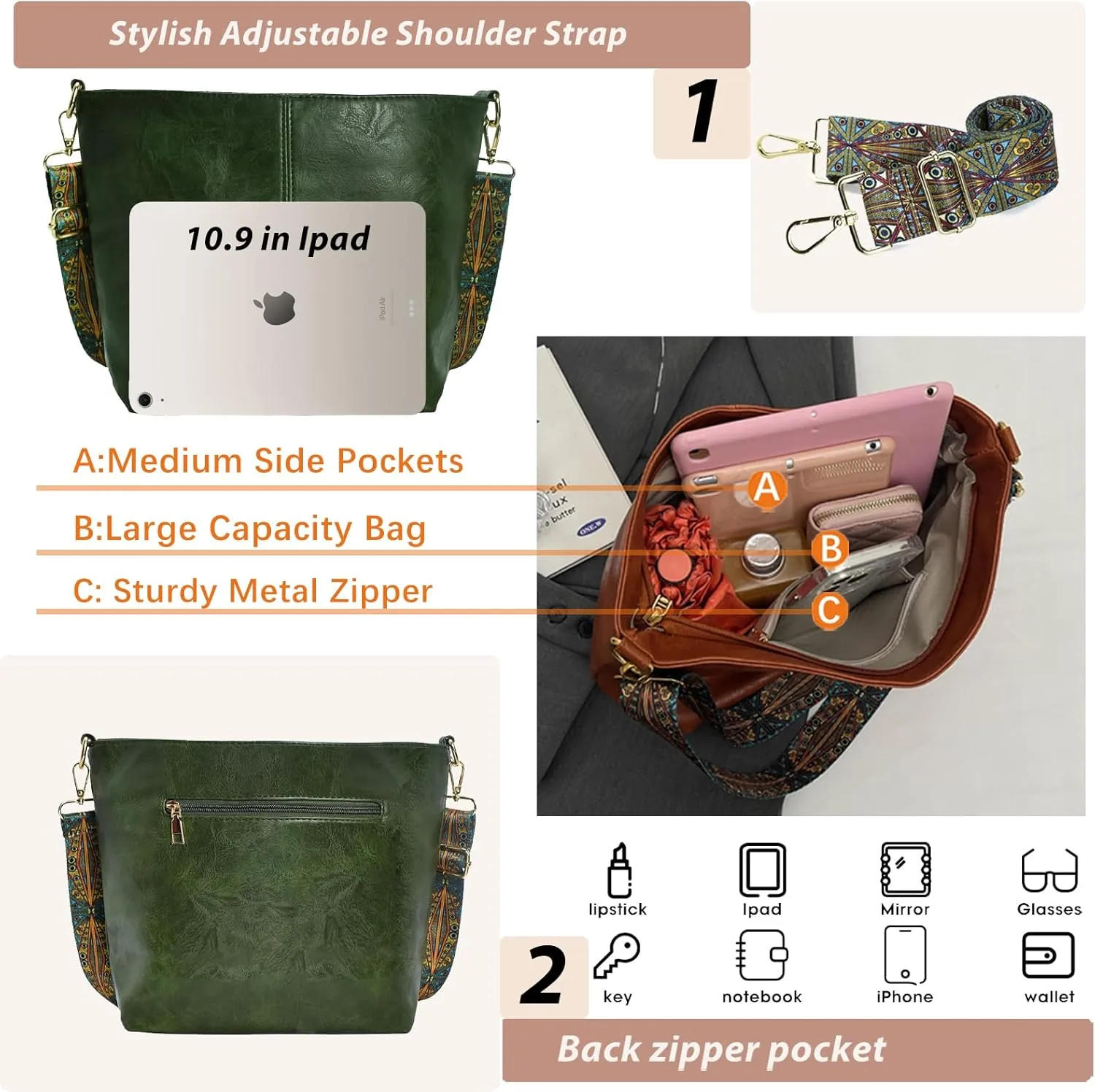 Hobo Bags Vegan Leather Crossbody Bag Guitar Strap Shoulder Purses with Zipper Handbags for Women