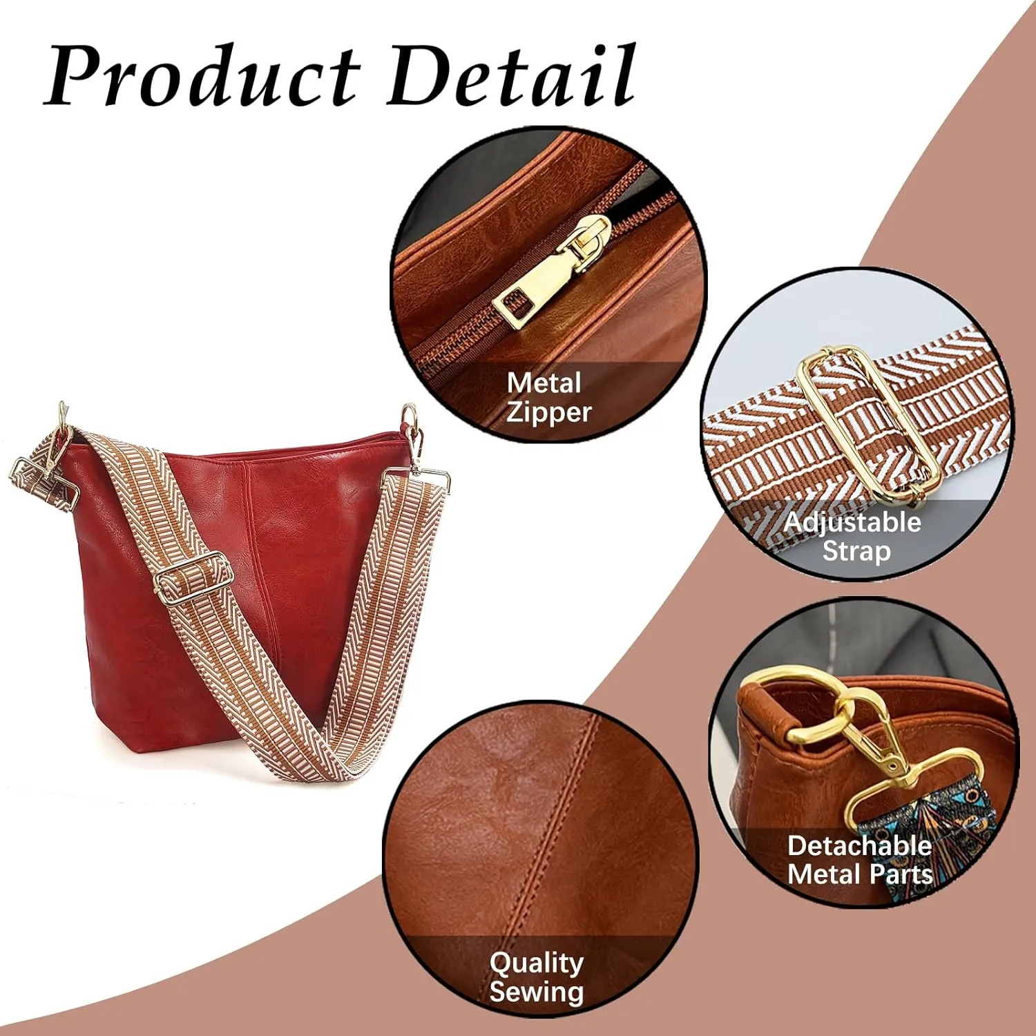 Hobo Bags Vegan Leather Crossbody Bag Guitar Strap Shoulder Purses with Zipper Handbags for Women