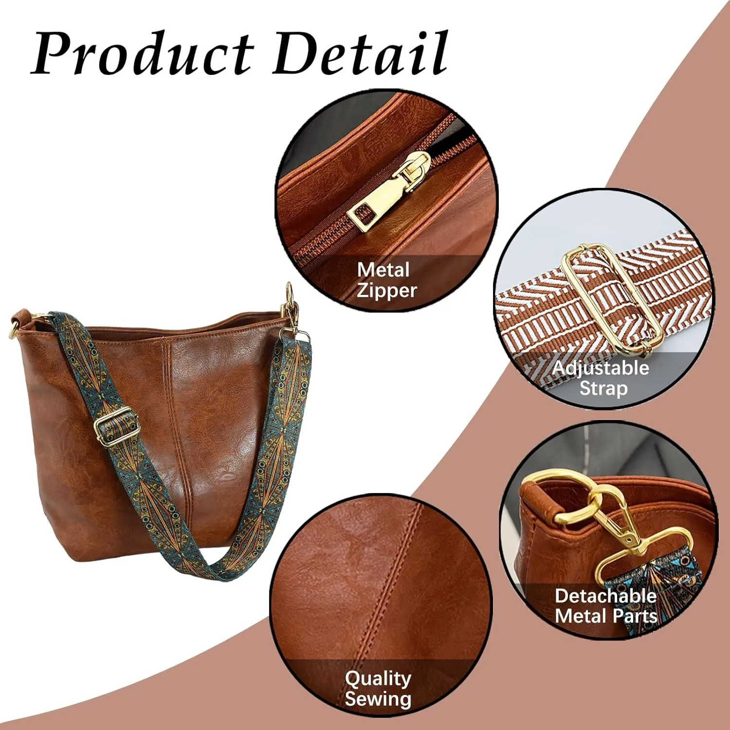 Hobo Bags Vegan Leather Crossbody Bag Guitar Strap Shoulder Purses with Zipper Handbags for Women