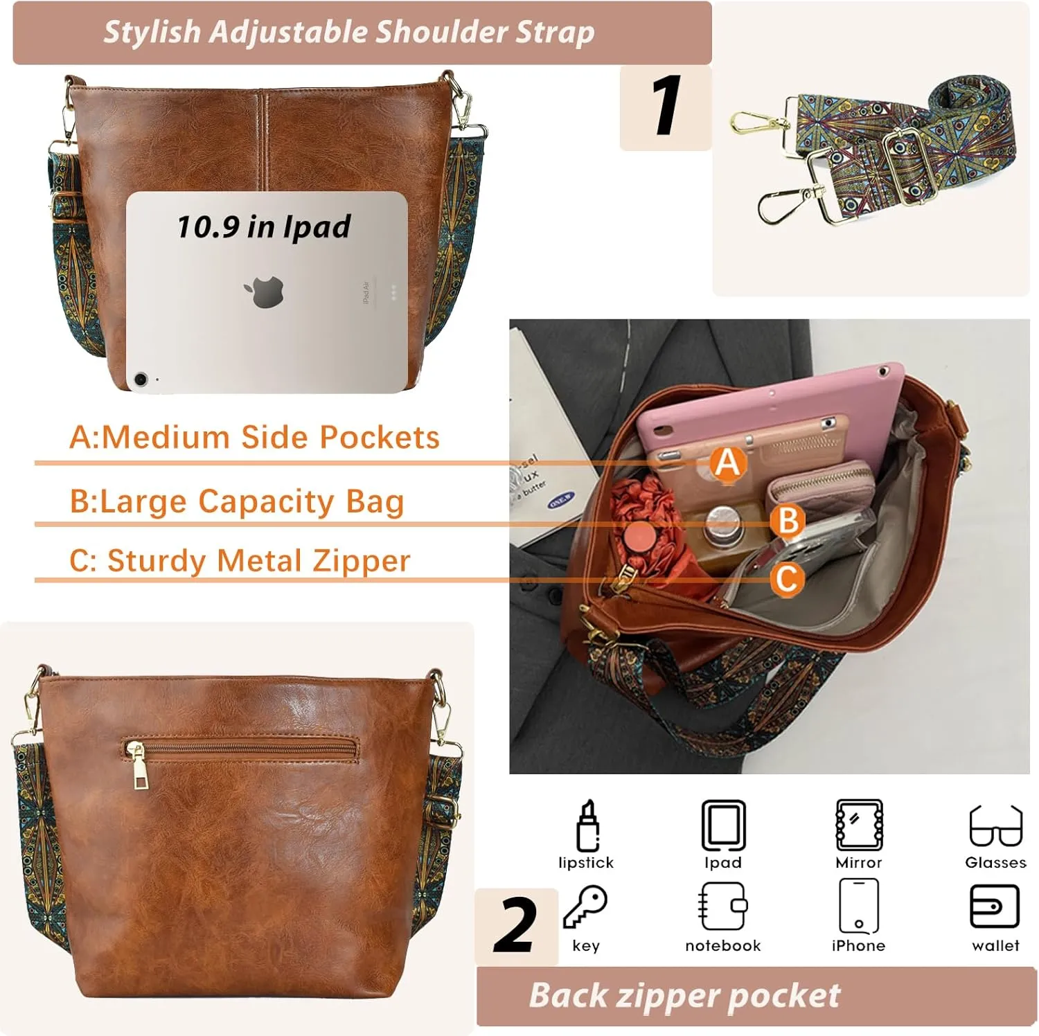 Hobo Bags Vegan Leather Crossbody Bag Guitar Strap Shoulder Purses with Zipper Handbags for Women