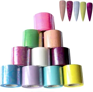 Holographic Aurora Nail Foil,10 Rolls Nail Foils Transfer Nail Art Stickers French Wave Stripe Line Mirror Design Transfer Foil Gradient Film Broken Glass Nail Art Foil Transfers Decals Nail Supplies