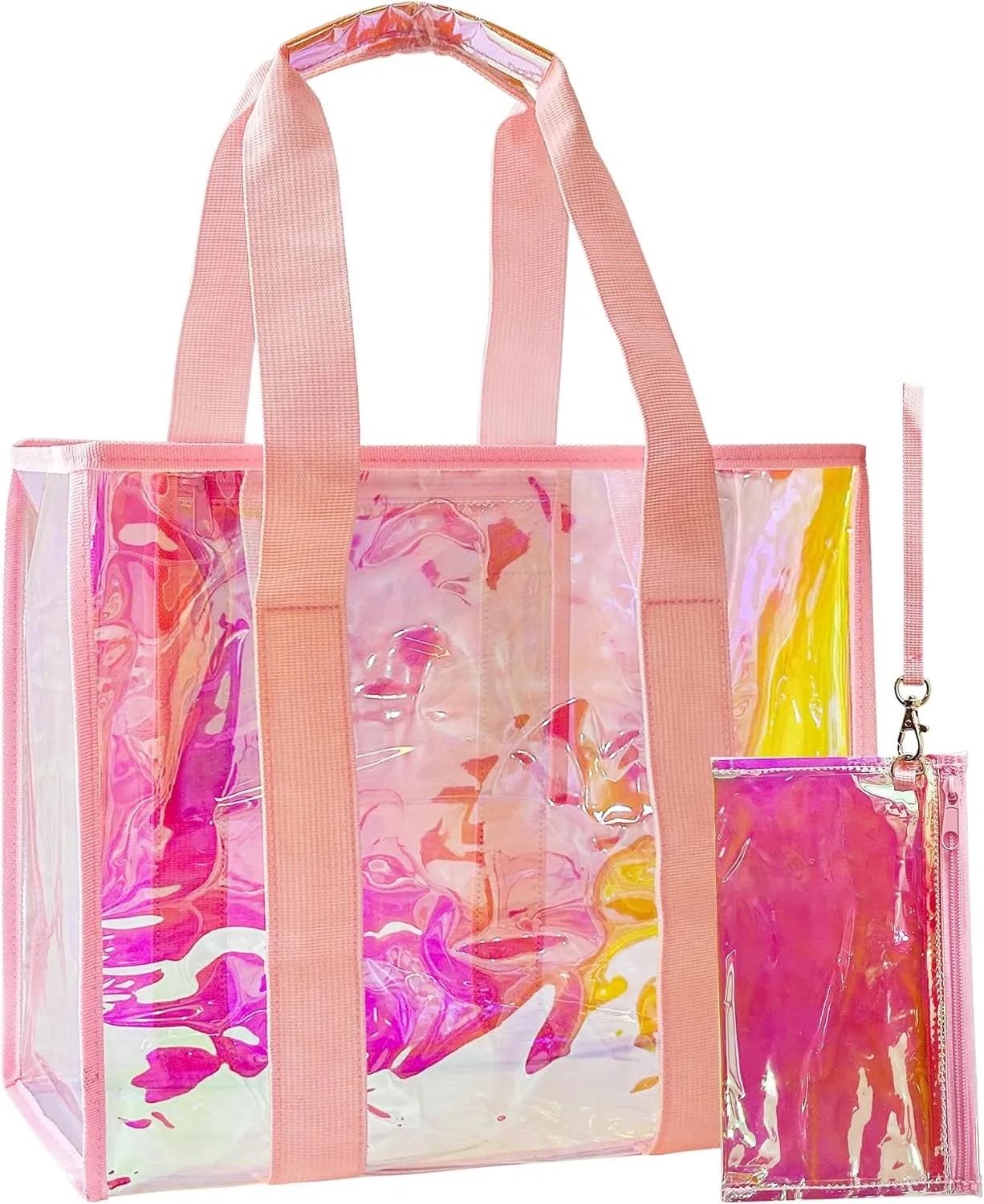 Holographic Iridescent Tote Bag Clear Travel Beach Bag and Phone Pouch Transparent PVC Handbag Large Tote