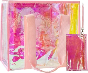 Holographic Iridescent Tote Bag Clear Travel Beach Bag and Phone Pouch Transparent PVC Handbag Large Tote