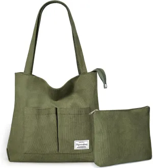 Hommtina 2PCS Corduroy Tote Bag for Women Shoulder Tote Bag with Pockets Handbags with Makeup Zipper Pouch Travel Work Bags