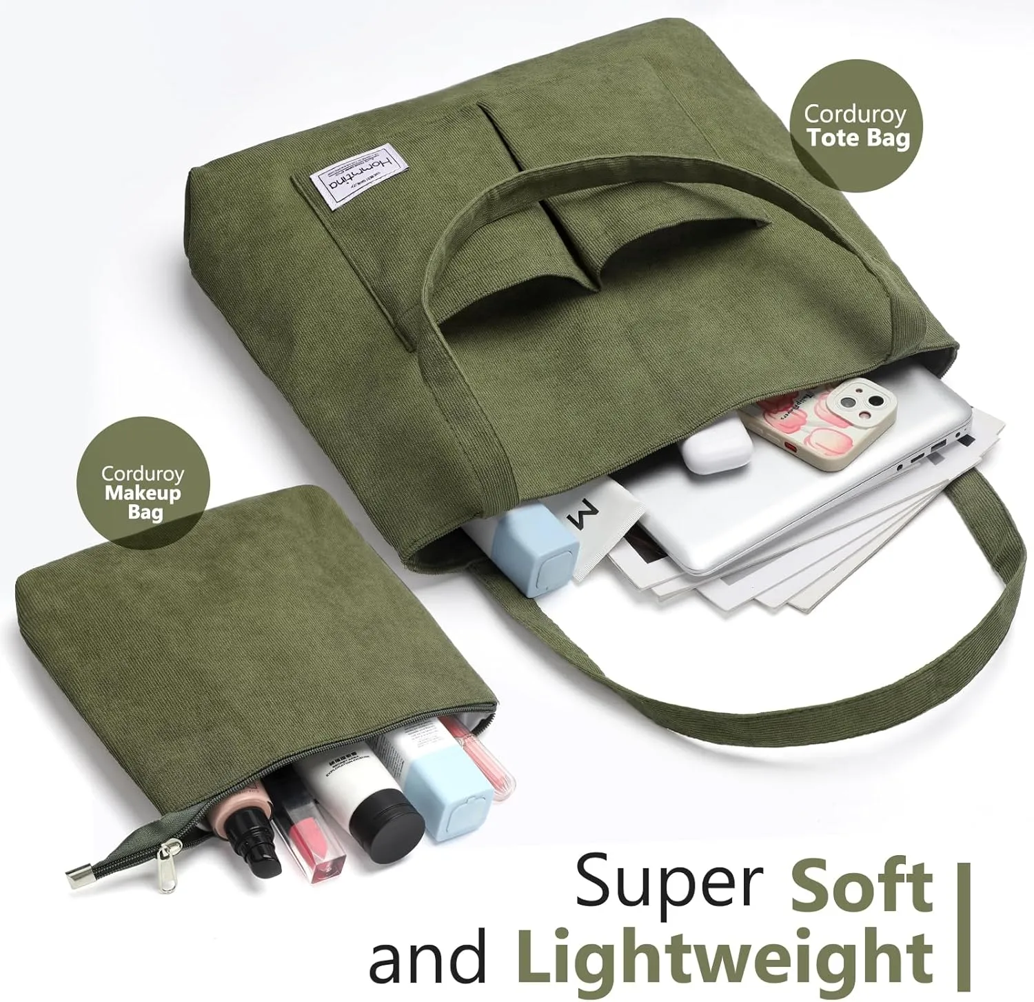 Hommtina 2PCS Corduroy Tote Bag for Women Shoulder Tote Bag with Pockets Handbags with Makeup Zipper Pouch Travel Work Bags