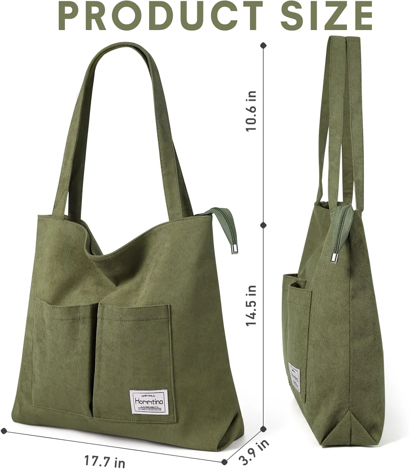 Hommtina 2PCS Corduroy Tote Bag for Women Shoulder Tote Bag with Pockets Handbags with Makeup Zipper Pouch Travel Work Bags