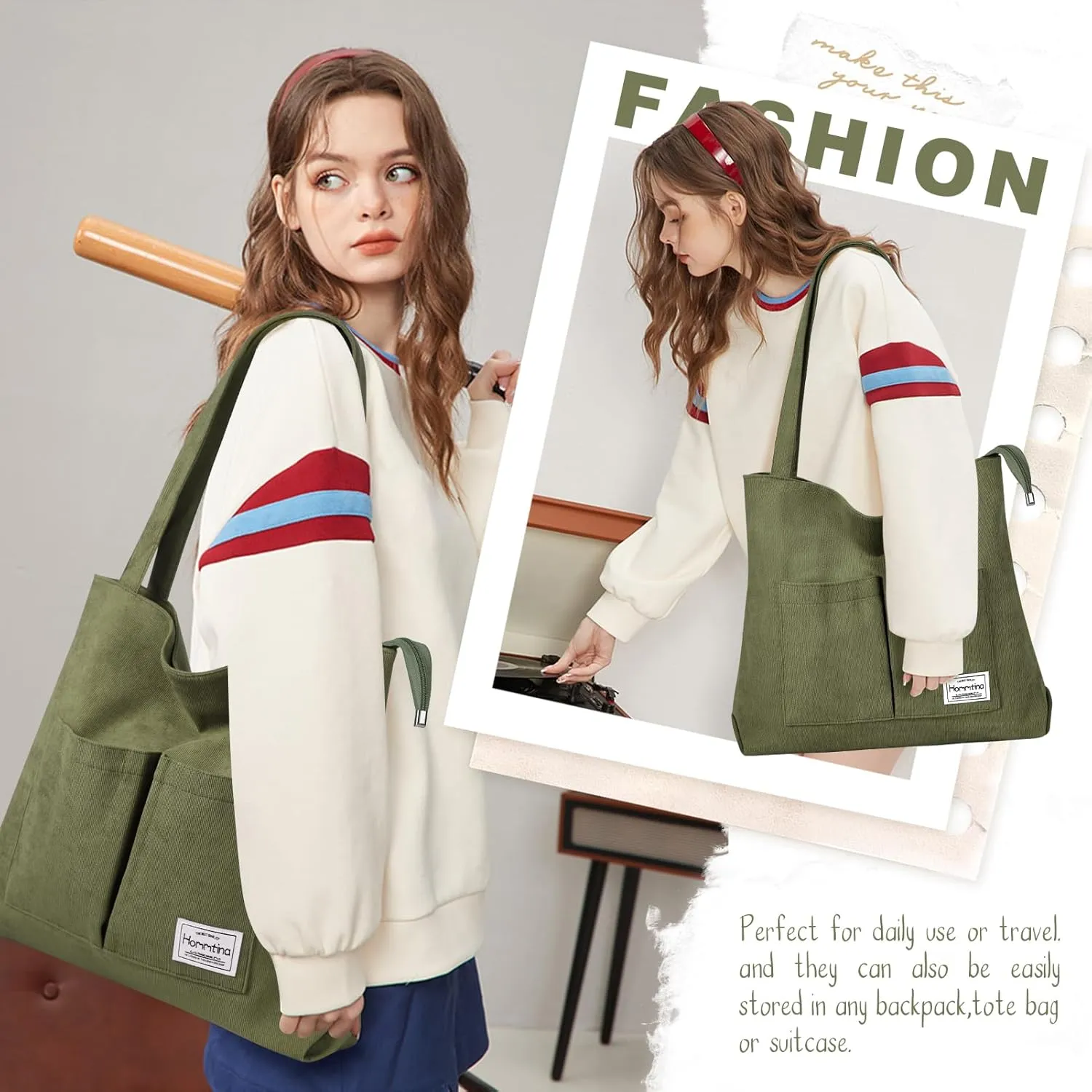 Hommtina 2PCS Corduroy Tote Bag for Women Shoulder Tote Bag with Pockets Handbags with Makeup Zipper Pouch Travel Work Bags