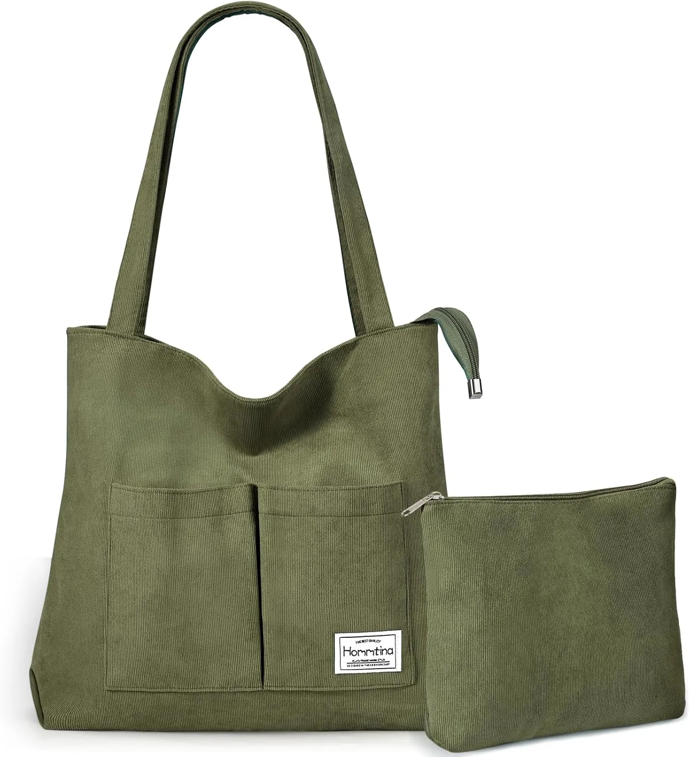 Hommtina 2PCS Corduroy Tote Bag for Women Shoulder Tote Bag with Pockets Handbags with Makeup Zipper Pouch Travel Work Bags