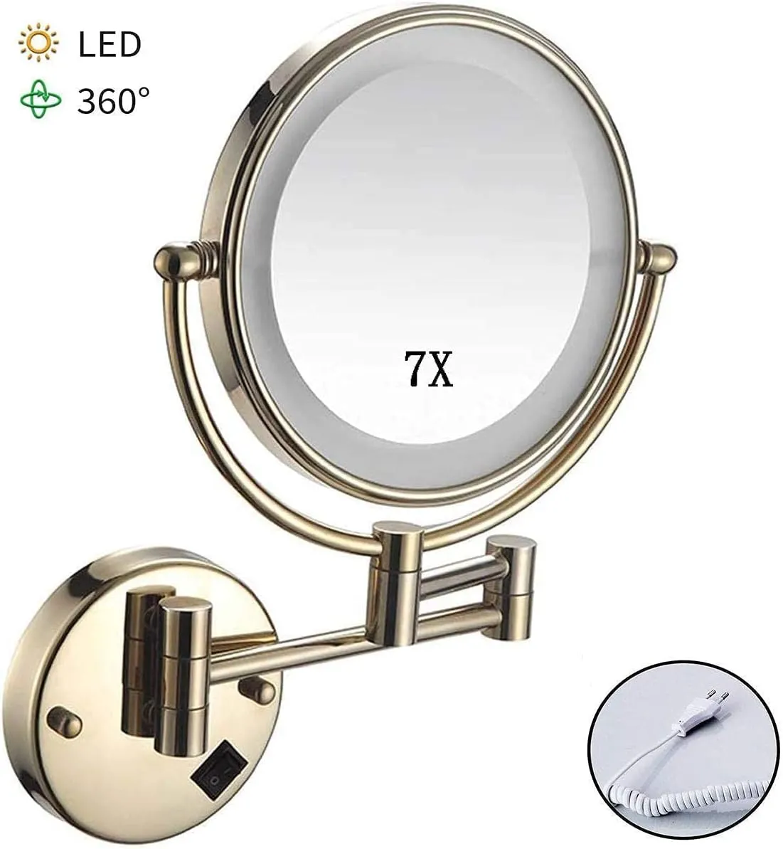 Household Bathroom Mirror, Cone Mirror Wall Mounted, Round Makeup Mirror 8 Inch Double Sided Coupling Mirror 7X Expansion 360 Rotation, Cosmetic(Gold)