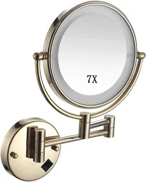 Household Bathroom Mirror, Cone Mirror Wall Mounted, Round Makeup Mirror 8 Inch Double Sided Coupling Mirror 7X Expansion 360 Rotation, Cosmetic(Gold)