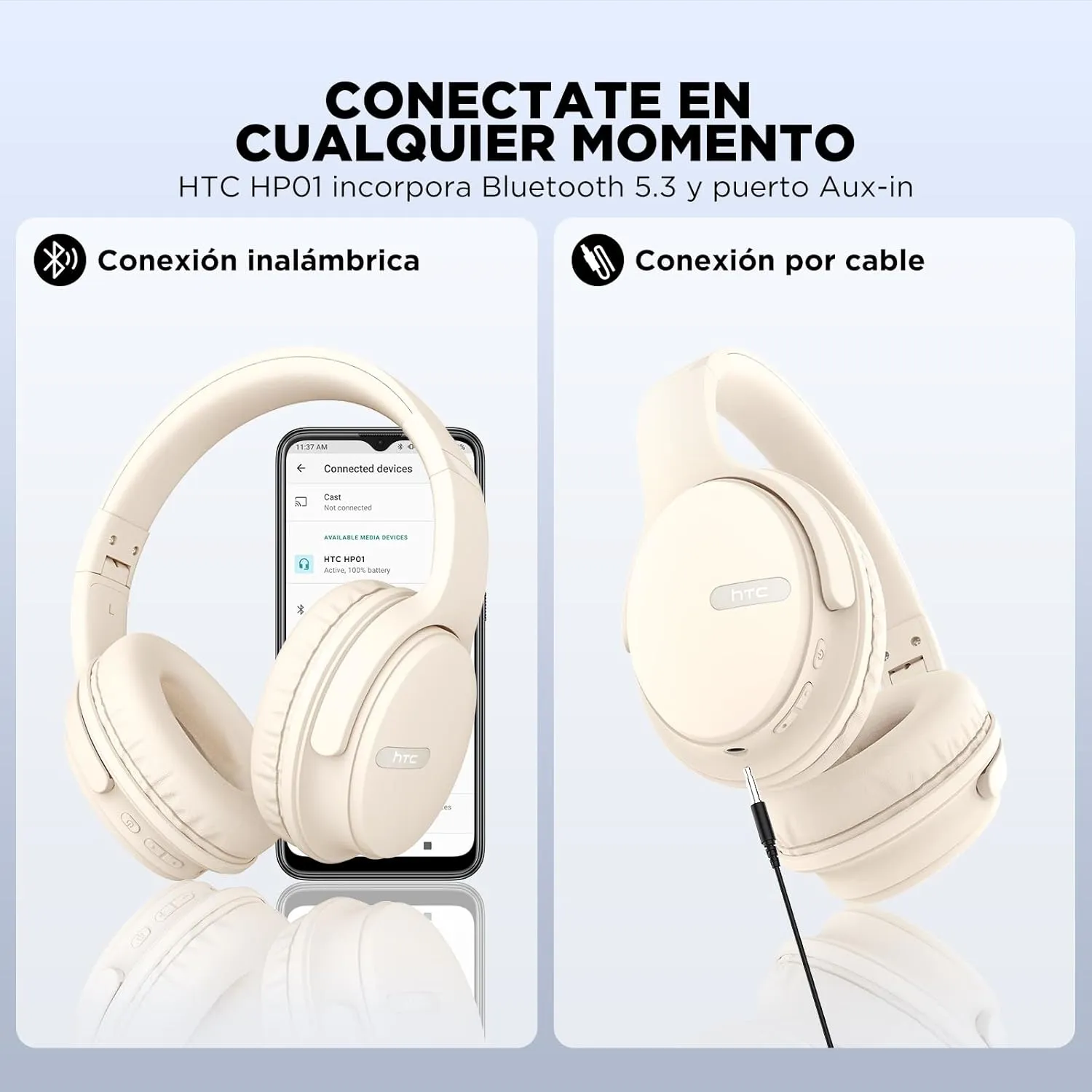 HTC Wireless Headphones Bluetooth, Over Ear Bluetooth Headphones with Built-in Mic - 40Hours Playtime, Foldable Stereo Wireless Headset for Travel, Office, Home