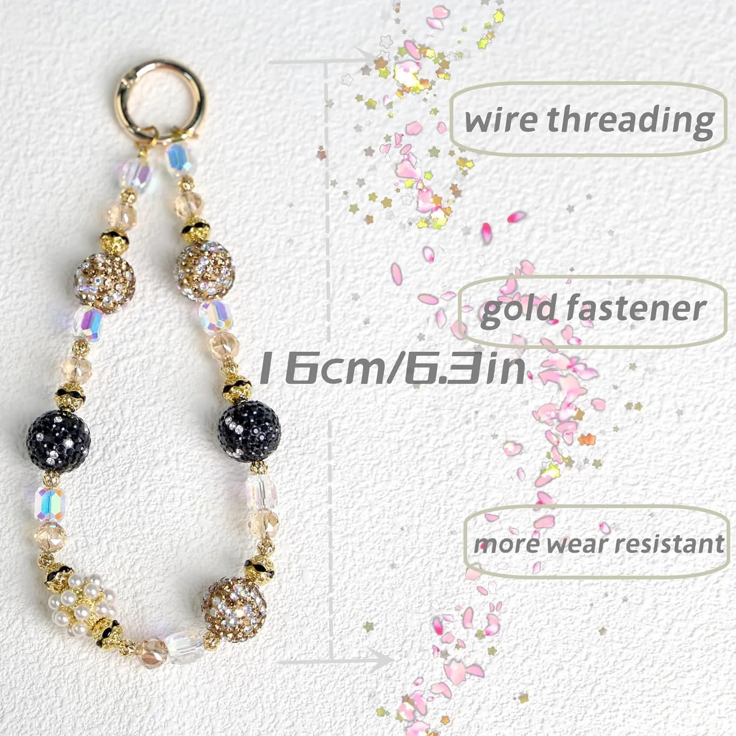 HuedBeads Phone Charm with Beads & Crystals - Detachable Phone Wrist Strap, Anti-loss cell phone lanyard, Handbag accessory for Women - iPhone&Smart Phone wrist strap