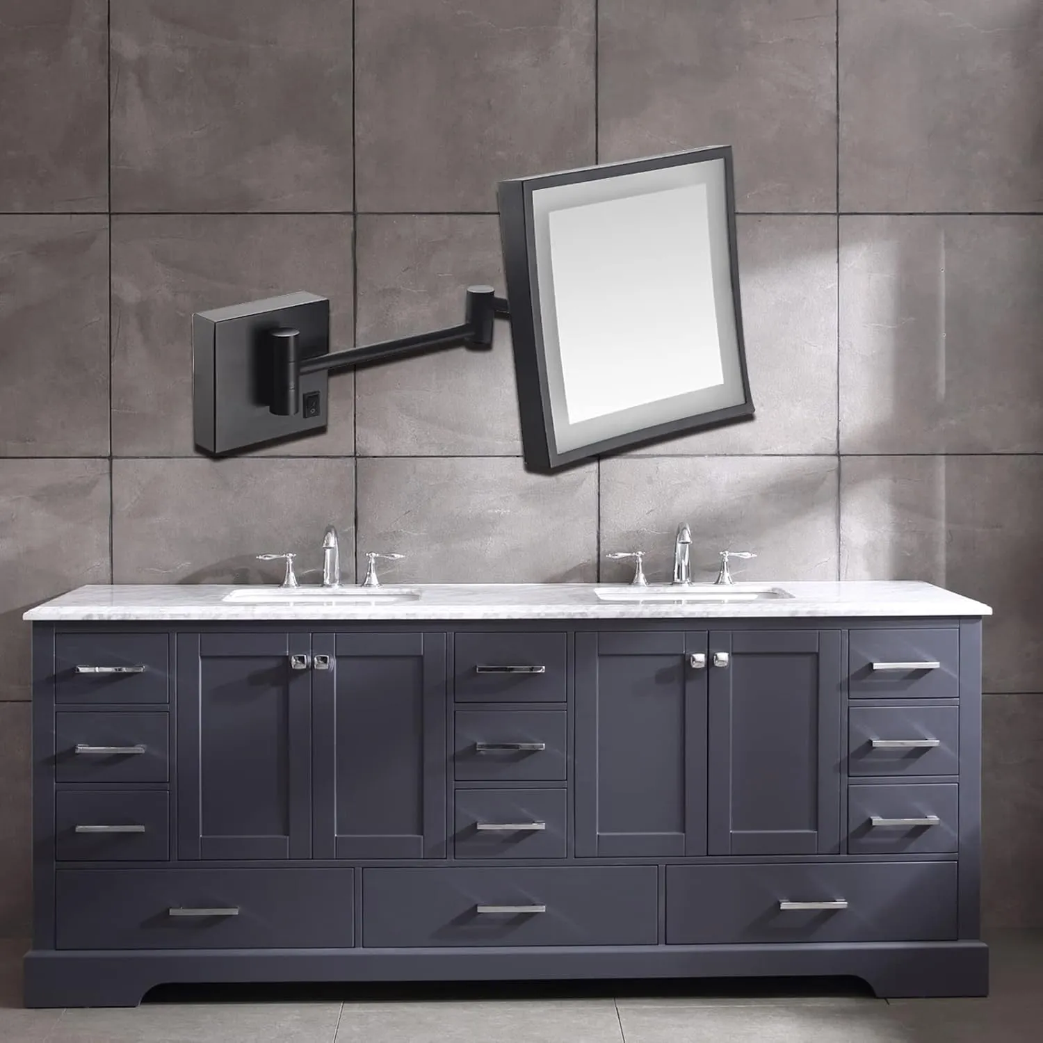HUHJYUGE Square LED Makeup Mirror and 3X Magnification Wall Mounted, Wall-Mounted Vanity Mirrors with Lamp, Bathroom Shaving Mirror with Folding Arm (ORB Concealed)