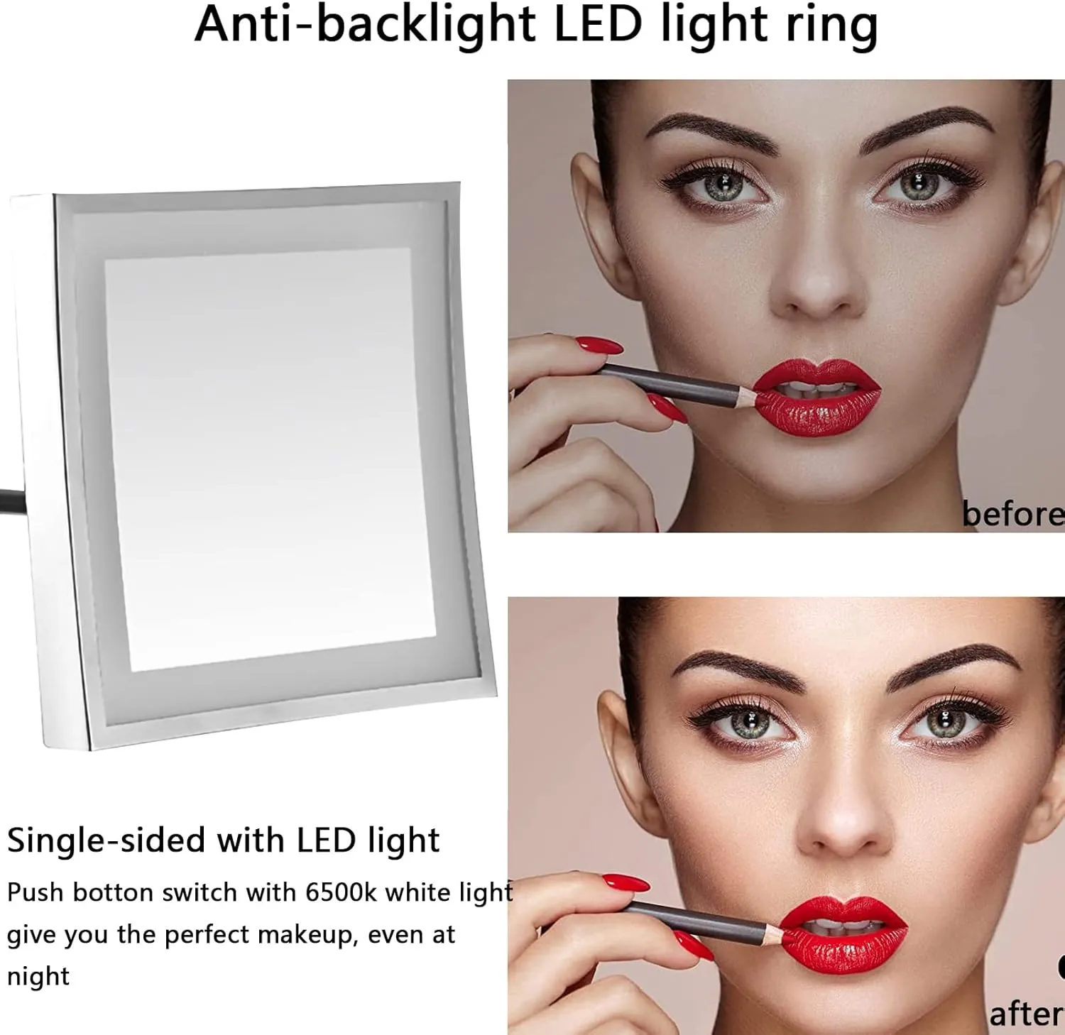 HUHJYUGE Square LED Makeup Mirror and 3X Magnification Wall Mounted, Wall-Mounted Vanity Mirrors with Lamp, Bathroom Shaving Mirror with Folding Arm (ORB Concealed)