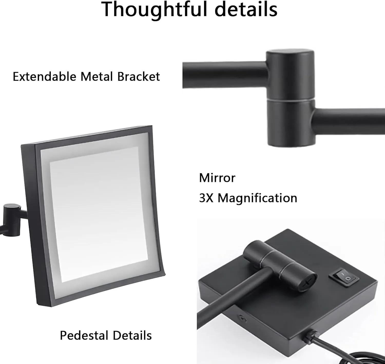 HUHJYUGE Square LED Makeup Mirror and 3X Magnification Wall Mounted, Wall-Mounted Vanity Mirrors with Lamp, Bathroom Shaving Mirror with Folding Arm (ORB Concealed)